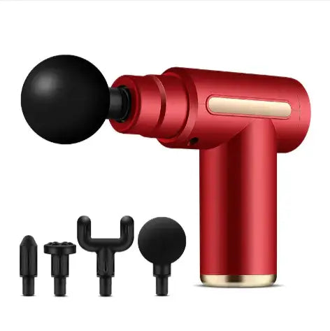 Professional Fascia Gun Massager in red with various interchangeable massage heads.