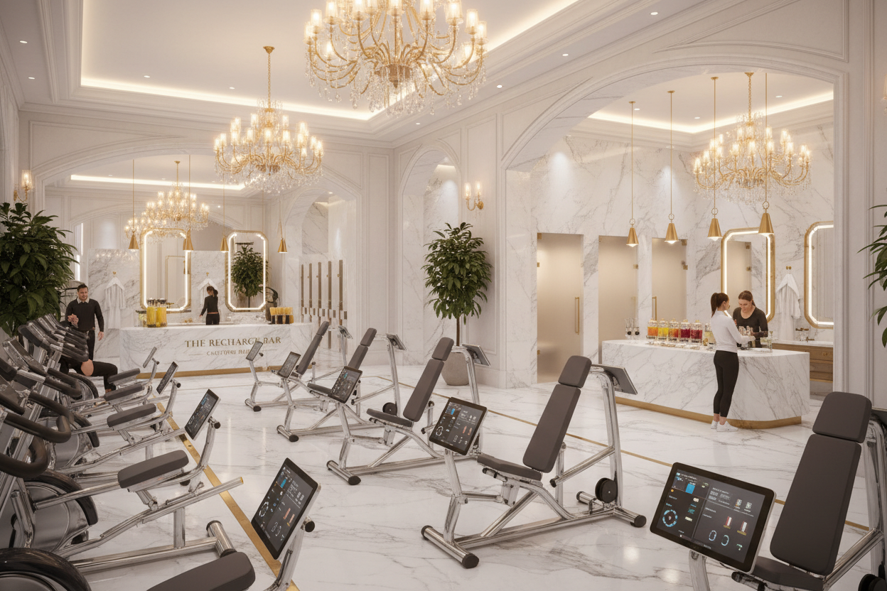 An upscale fitness sanctuary blending elegance and performance. The gym features marble accents, gold-trimmed fixtures, and softly lit chandeliers hanging above pristine equipment. Each area — from the weight room to the spa-style locker rooms — exudes sophistication. Personal trainers offer one-on-one sessions, and digital tablets at every station track progress seamlessly. The scent of eucalyptus fills the air from nearby saunas and steam rooms, while a juice and protein bar offers custom blends for membe